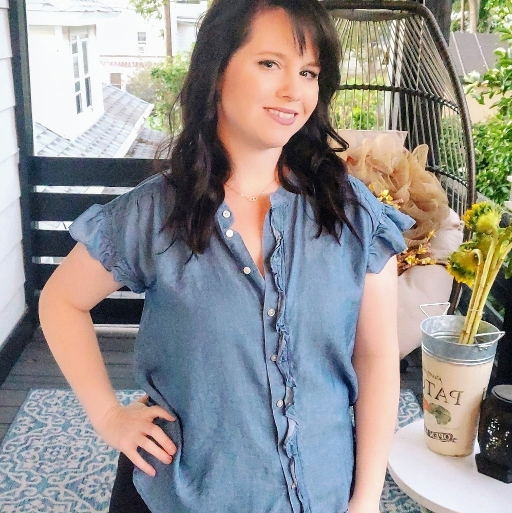 LOFT Chambray Ruffle Button Down Top | Petite Small Flutter Sleeve